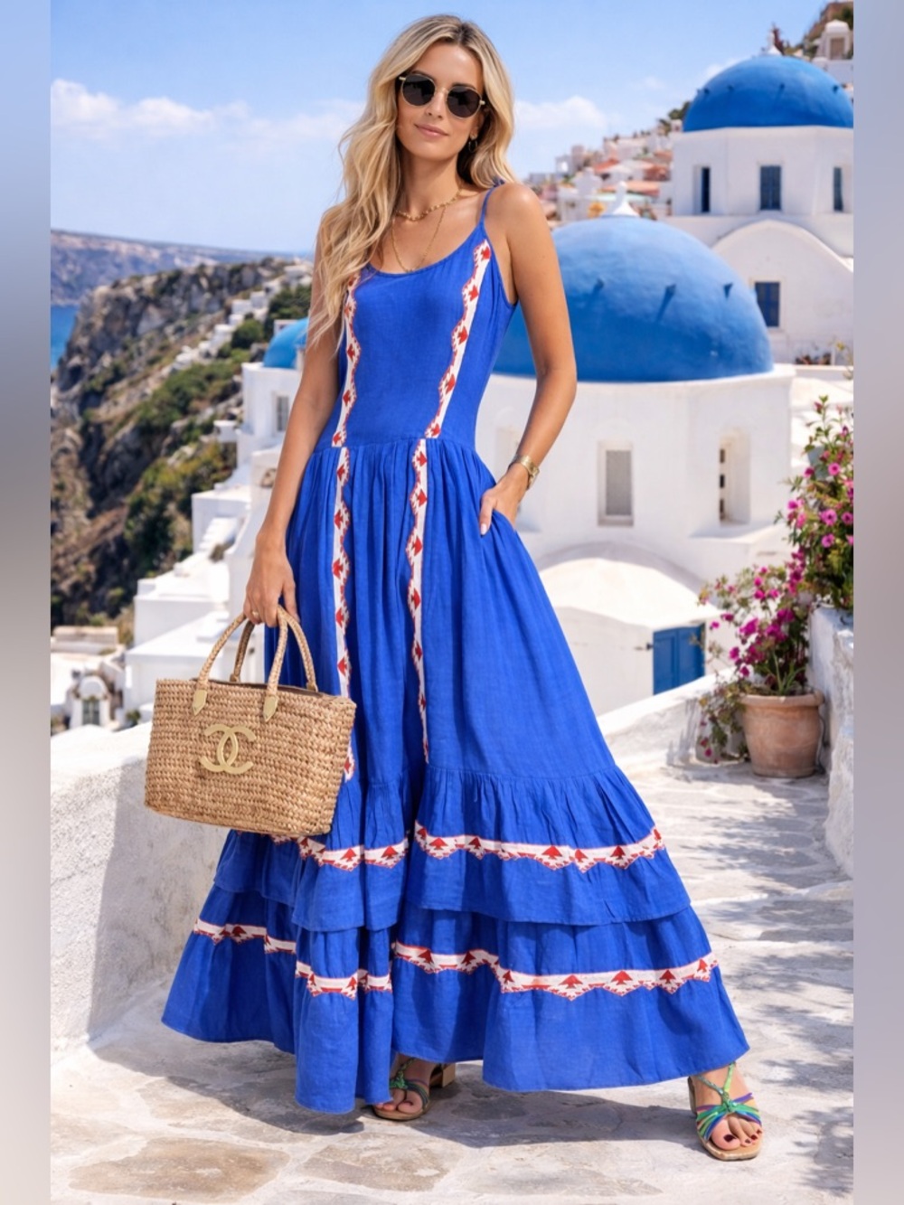 Tiered stapless Maxi  Dress with Red White Geometric Trim holiday dress